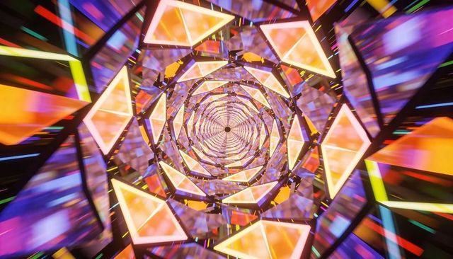 Neon kaleidoscope tunnel of glowing triangles spiraling into mirrored vortex