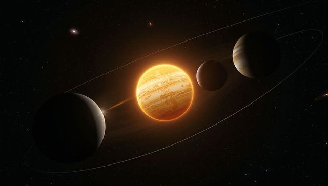 Glowing orange star illuminating multiple exoplanets in orbit, sci-fi cosmic scene