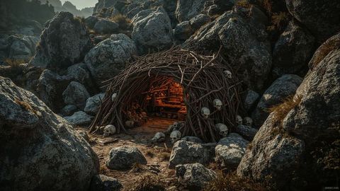 Rustic Wicker Hut with Skulls in Remote Mountain Wilderness