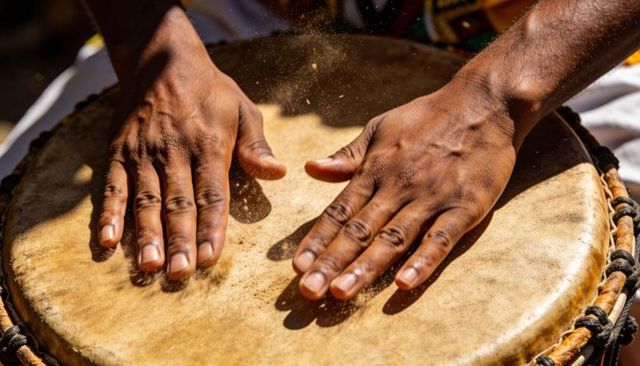 Hands playing djembe drum at street market, closeup rhythm, dust particles, sunlit fabric