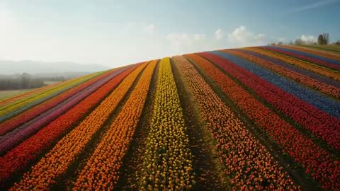 Drone View of Multicolored Tulip Farm Hillside