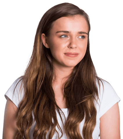 Transparent joyful young woman looking to side in simple white top