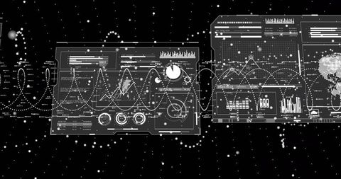 Hovering translucent holographic dashboards displaying analytics charts and world map