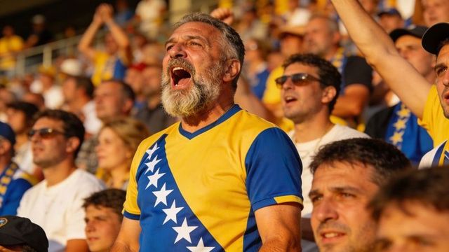 Vocal bearded fan wearing yellow-blue national team jersey cheering passionately in stadium