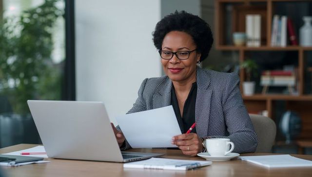 Professional businesswoman reviewing documents at laptop in modern office