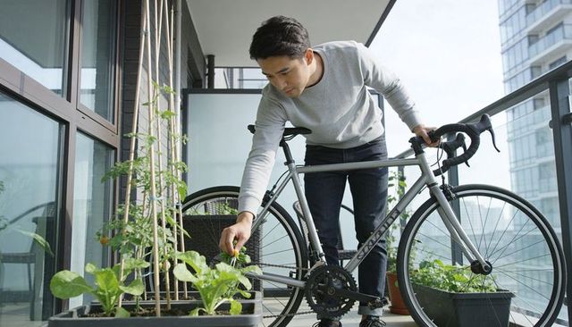 Tending balcony garden while holding road bike on urban apartment terrace