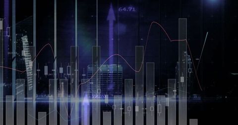 Financial Charts Superimposed on City Skyline at Night