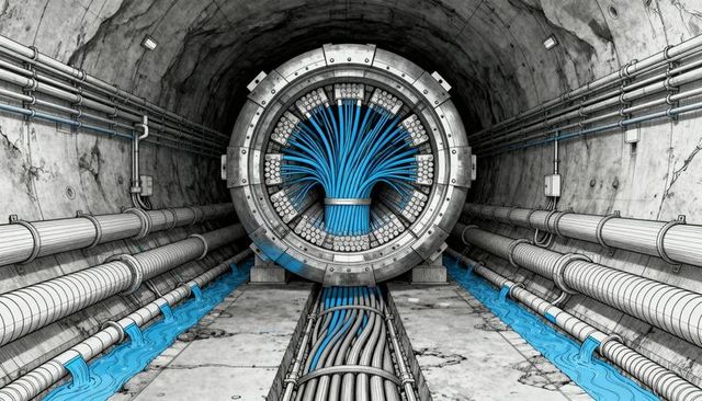 Underground utility tunnel featuring circular cable bulkhead and bundled blue fiber cables