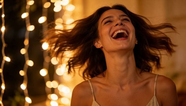 Laughing woman tossing hair under warm fairy lights with cozy bokeh glow
