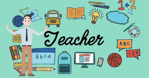 Teacher Surrounded by Educational Icons