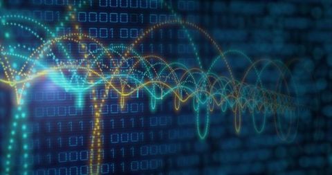 Abstract digital waves over binary code background