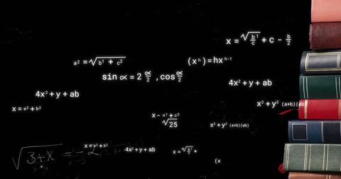mathematical equations and formulas are prominently displayed on a black background with a stack of books, symbolizing the foundation of education and scientific discovery. this can be used for educational material, academic institution promotions, and science-related articles or web content depicting the intersection of theoretical knowledge and its practical applications.