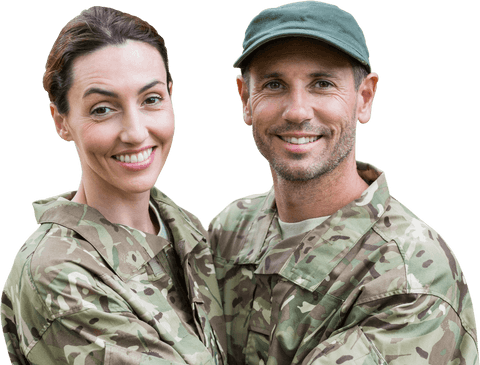 Smiling Caucasian Couple in Military Uniforms on Transparent Background