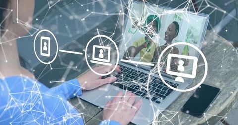 Remote team collaborating on laptop with virtual network overlay and video call interface