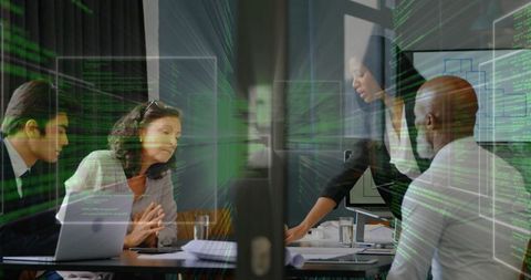 Diverse Team Collaborating with Modern Technology Overlays in Boardroom