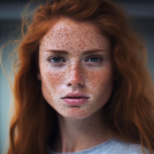 Portrait of red haired woman with blue eyes and freckles, created using generative ai technology. Natural beauty, skin, sun, genetics and pigmentation concept digitally generated image.