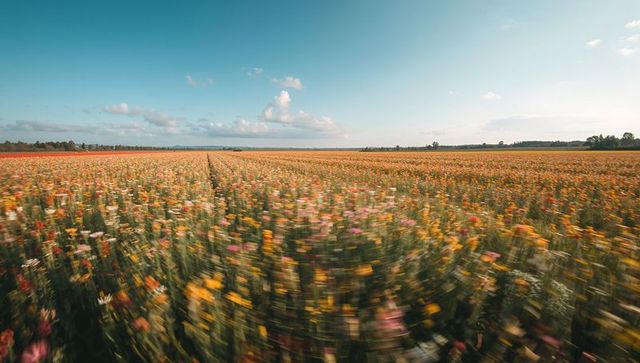 Vast wildflower meadow stretching to horizon with central furrow and clear blue sky