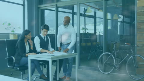 Diverse Office Team Collaborating on Project with Tech Overlay