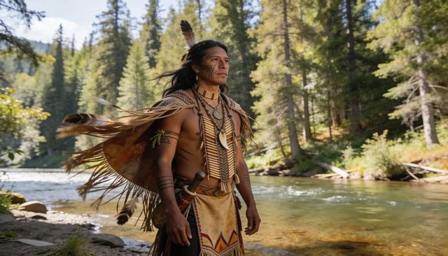 Standing indigenous man wearing ceremonial regalia on riverbank, feathered cape flowing