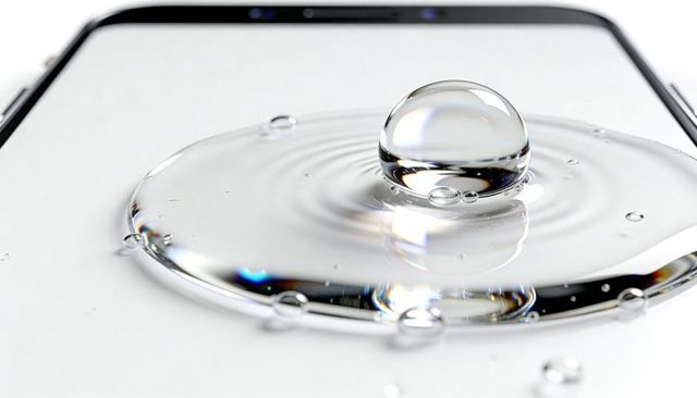Macro water droplet creating concentric ripples on smartphone screen with glass reflection