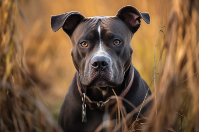 Portrait of black and brown pitbull in field, created using generative ai technology. Animal, dog and pet concept digitally generated image.