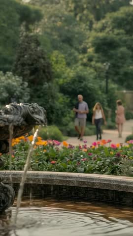 Vertical video ornate fountain flowing in park with colorful flowers and couple strolling