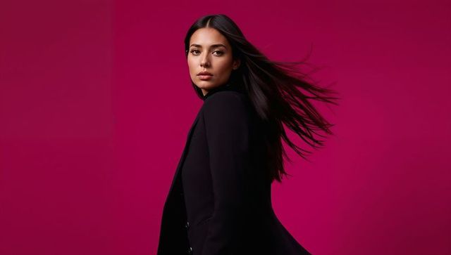 Elegant woman wearing black blazer posing with windblown hair on vibrant magenta backdrop