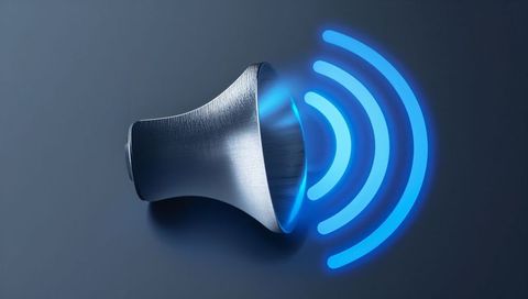 Metallic speaker cone emitting neon blue sound waves on matte navy background
