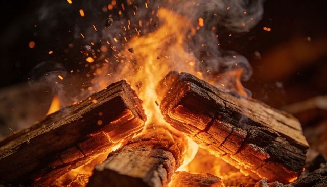 Glowing hardwood logs burning in campfire pit with sparks, embers and rolling smoke closeup