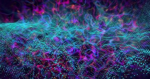 Flowing neon particle wavefield with point-cloud ribbon and glowing mesh digital visuals