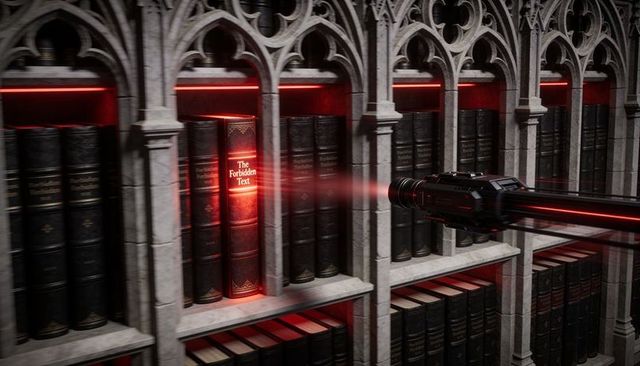 Gothic library scanner revealing forbidden text with red laser beam among leatherbound tomes
