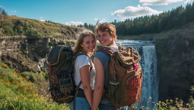 Smiling Young Couple Hiking at Waterfall Overlook Holding Hands With Backpacks in Wildflower Meadow
