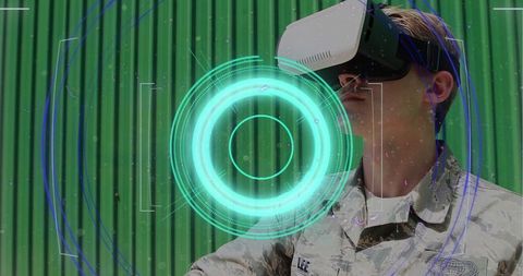 Futuristic soldier experiencing augmented reality with vr headset