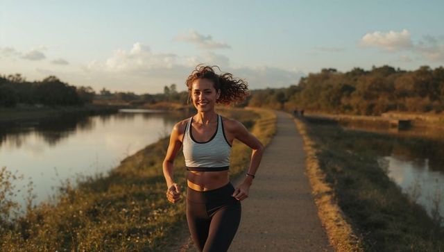 Energetic woman jogging on riverside path during sunrise for fitness motivation