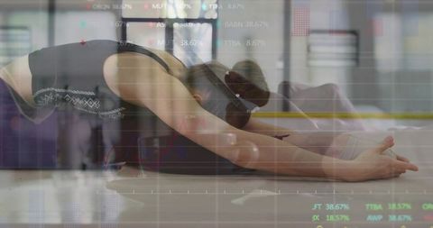 Teen Girl Stretching in Yoga Studio with Financial Chart Overlay