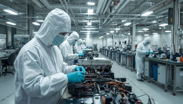 Cleanroom technicians wiring electronic modules with orange cables on factory line