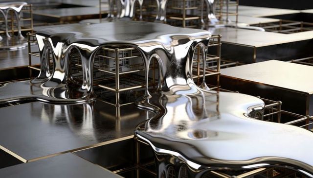Flowing silver metal melting over gold grid platforms abstract reflective architecture