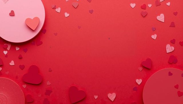 Valentine heart confetti on red background with pink platforms and foam hearts