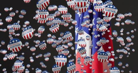 Floating presidential election buttons over draped american flag for voter campaign branding