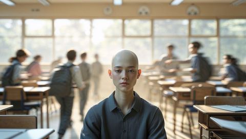 Bald student focusing at desk in bright classroom enviroment - shy concept