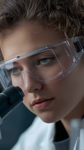 Female Scientist Adjusting Gaze Focusing Microscope Close-Up Vertical Research Video