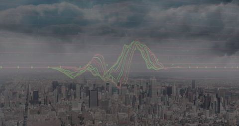 Urban skyline with financial trends and dark sky