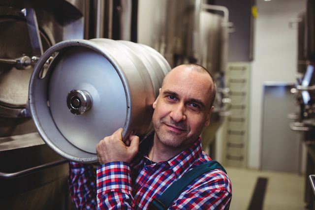 Male brewer carrying keg in brewery, smiling at camera. Ideal for use in articles about brewing industry, beer production, manufacturing processes, and professional labor. Can be used in promotional materials for breweries, industrial equipment, and workforce management.