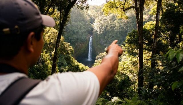 Hispanic hiker pointing toward sunlit waterfall from trail viewpoint in lush tropical forest