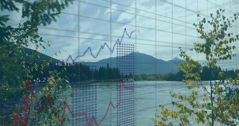 Dynamic financial growth trends against peaceful landscape
