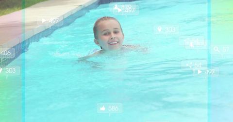 Smiling girl swimming in backyard pool with social media icons and turquoise water