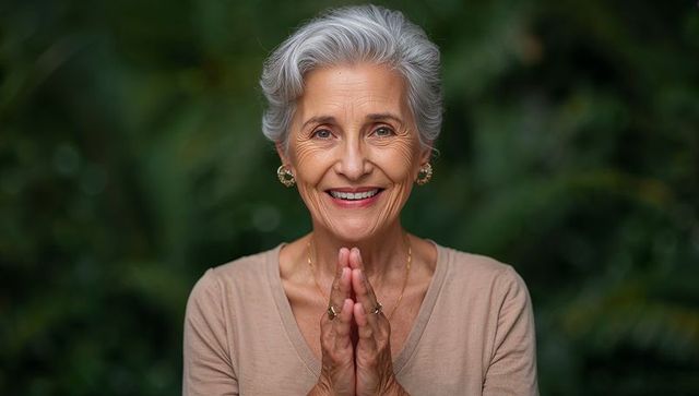 Smiling senior woman clasping hands in garden expressing gratitude and peaceful confidence