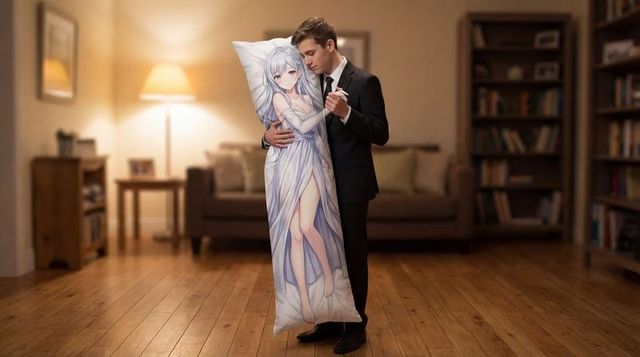 Gentle embrace: man holding anime dakimakura in warm living room, suit and cozy mood