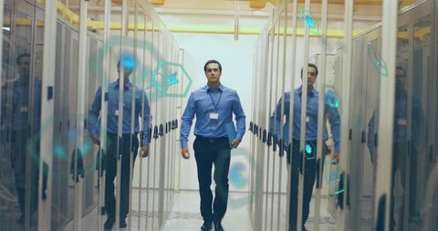 Businessman Navigating Data Server Room with Futuristic Interface