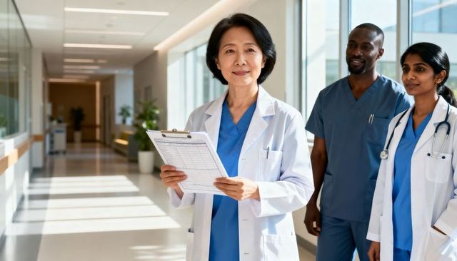 Senior physician reviewing clipboard leading diverse medical team in sunlit corridor